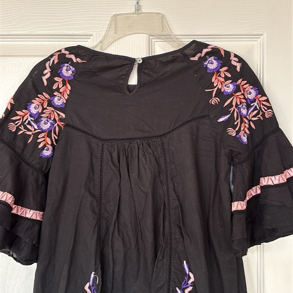 Free People Black Boho Ruffle Pavlo Mini Dress Orange Purple Floral Embroidery - Picture 10 of 16